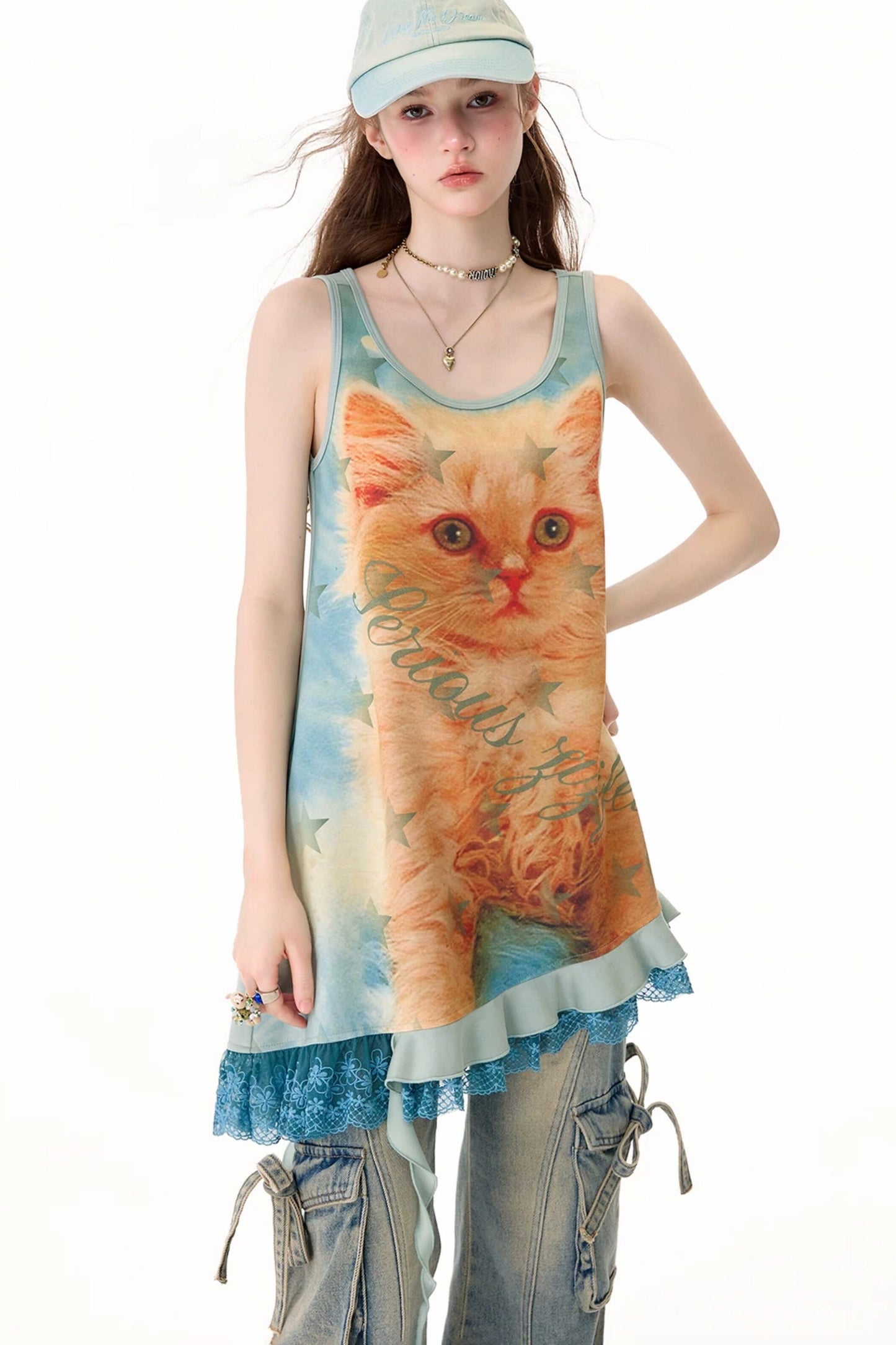Robe chasuble à imprimé chat et bordure en dentelle