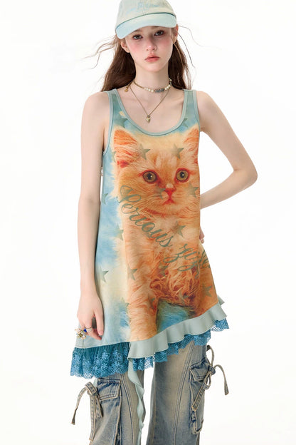 Robe chasuble à imprimé chat et bordure en dentelle