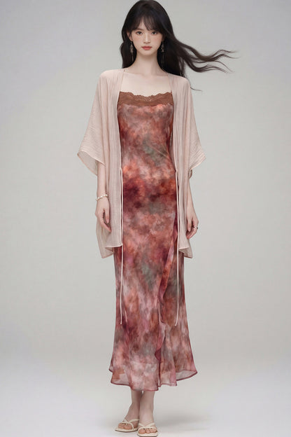 Gradient Print Suspender Dress with Cardigan Set-Up