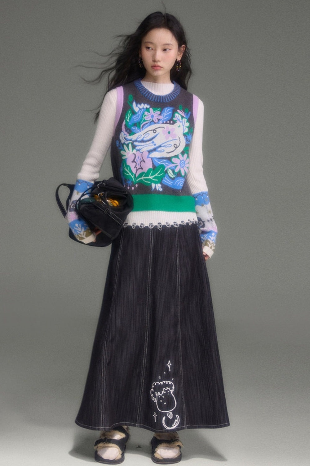 Nightingale Rose Bird Jacquard Knit Cardigan Vest and Skirt Set-Up