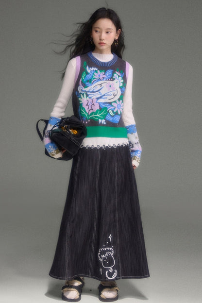 Nightingale Rose Bird Jacquard Knit Cardigan Vest and Skirt Set-Up