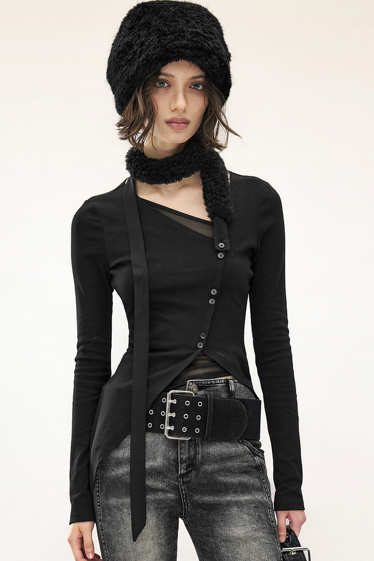 Detachable Fur Collar Irregular Placket Long-Sleeve T-Shirt