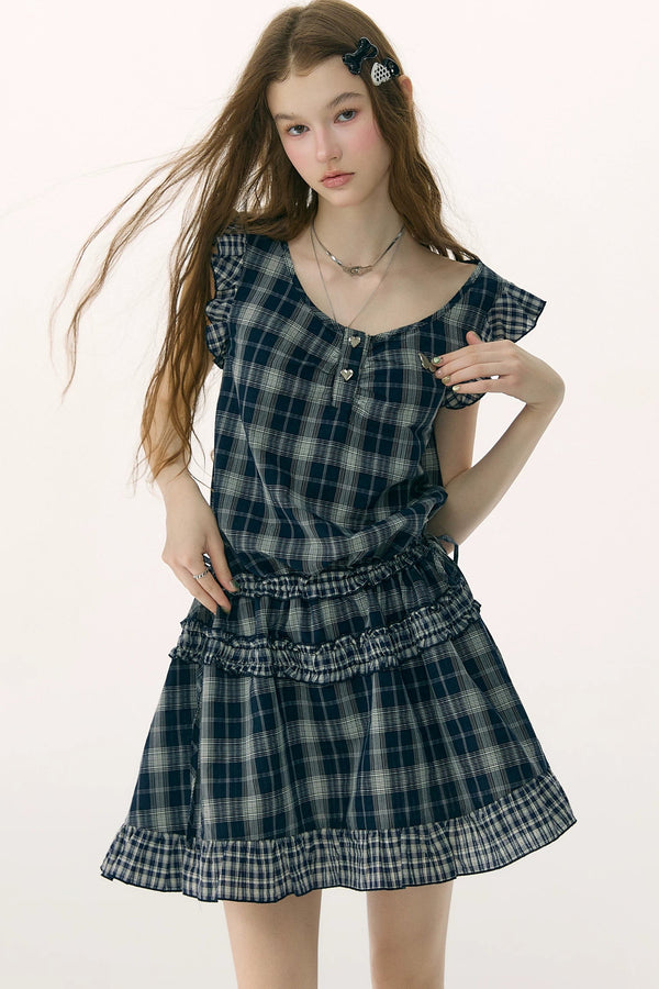 Dark Blue Plaid Flutter-Sleeve Dress