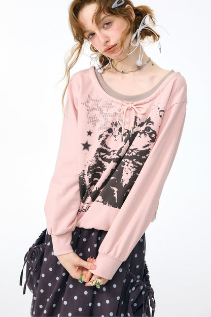 Rosa Sweatshirt mit Katzenprint und Bindeband