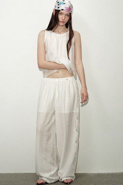 White Lace Trim Tank Top and Pants Set