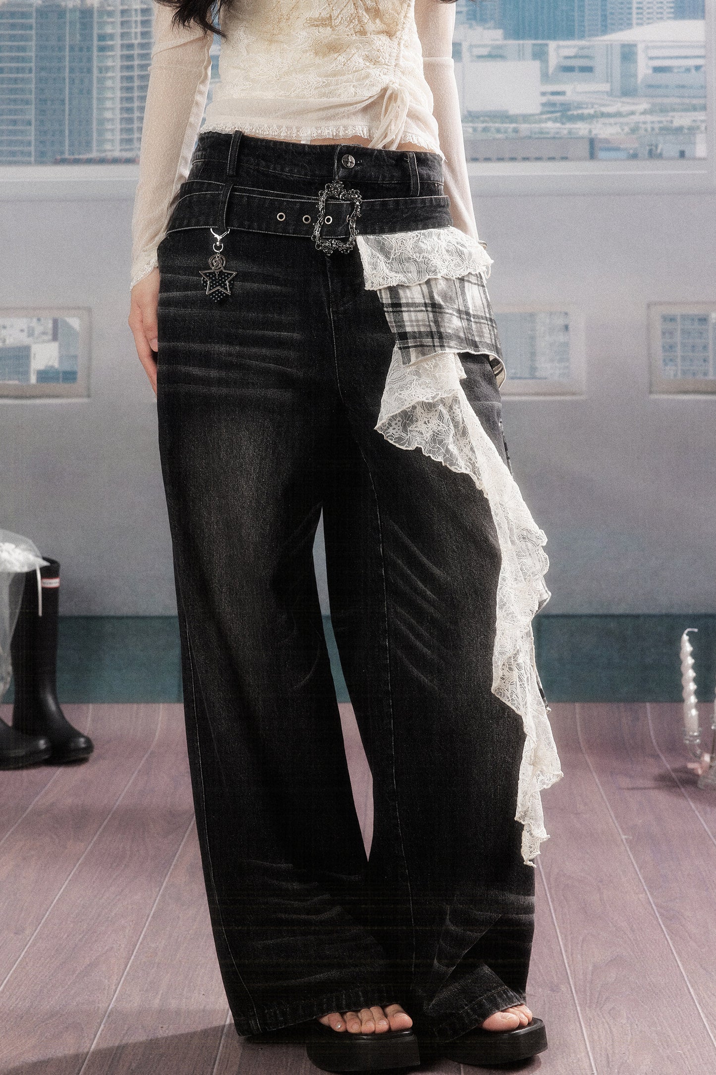 Karierte Wide-Leg-Jeans im Lagenlook