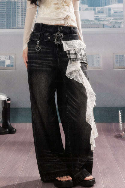 Karierte Wide-Leg-Jeans im Lagenlook