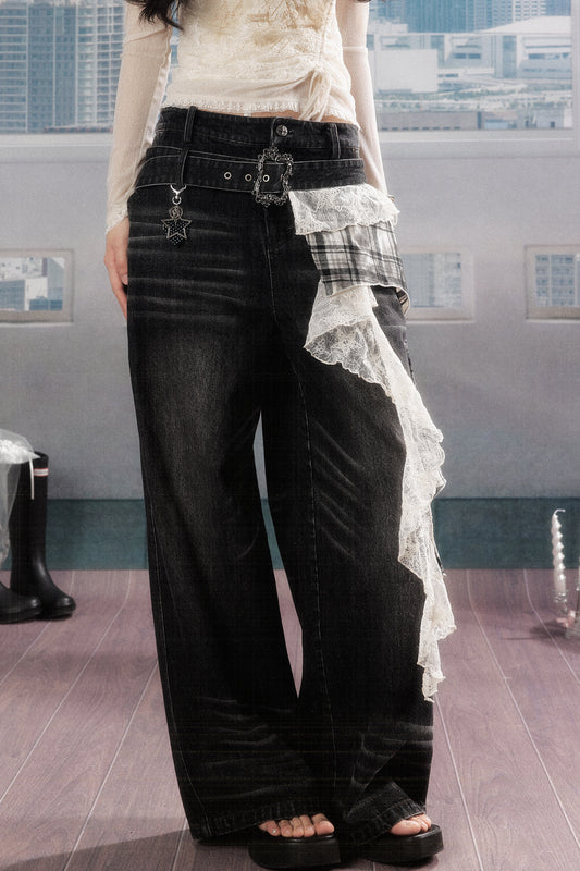 Plaid Layered-Look Wide-Leg Jeans