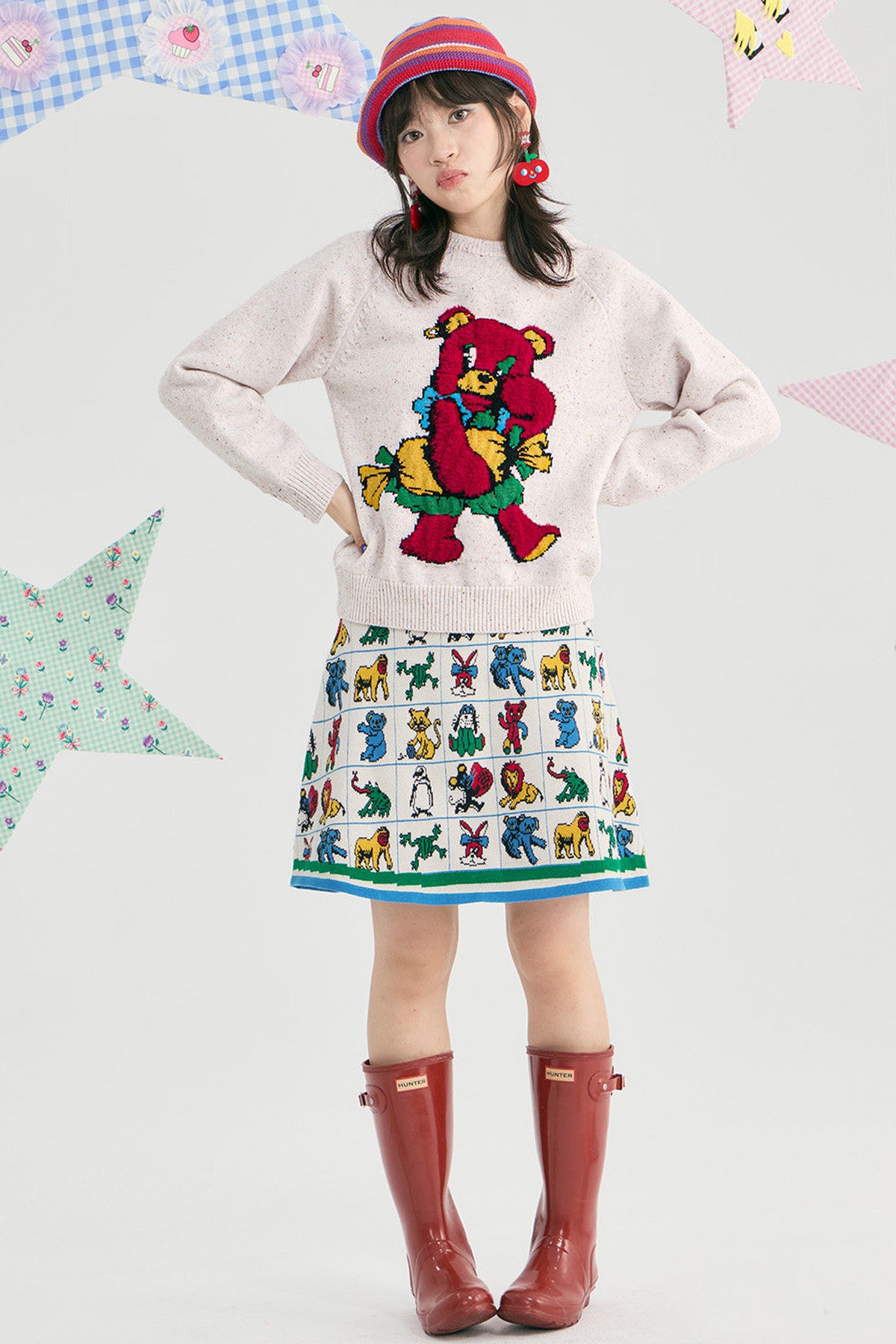 Red Cartoon Bear Raglan Pullover Sweater