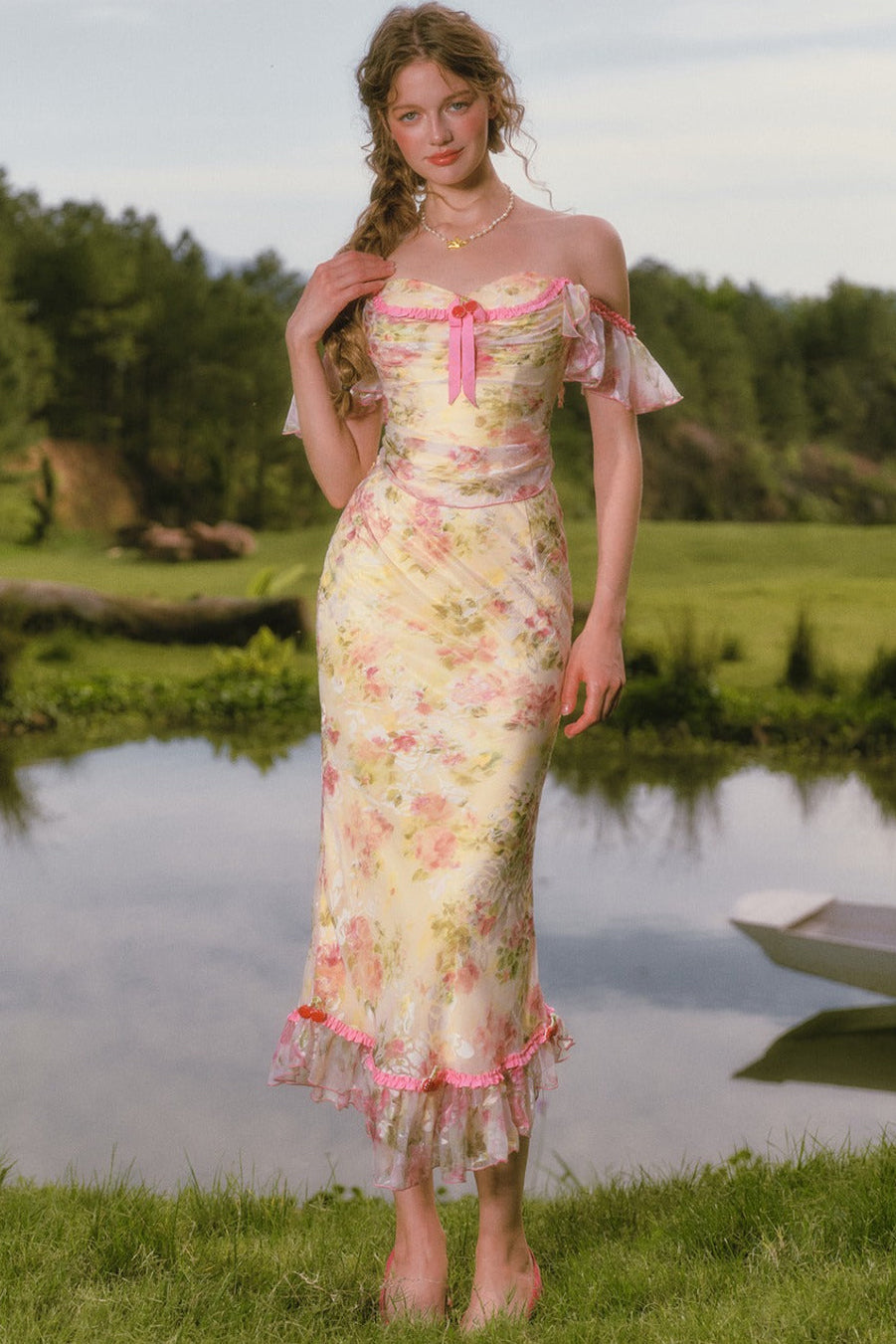 Floral Off-Shoulder Fishbone Corset Top and Skirt Set-Up