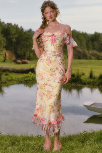 Floral Off-Shoulder Fishbone Corset Top and Skirt Set-Up