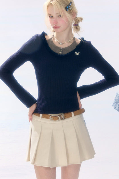 Layered-Look Frayed Knit Top