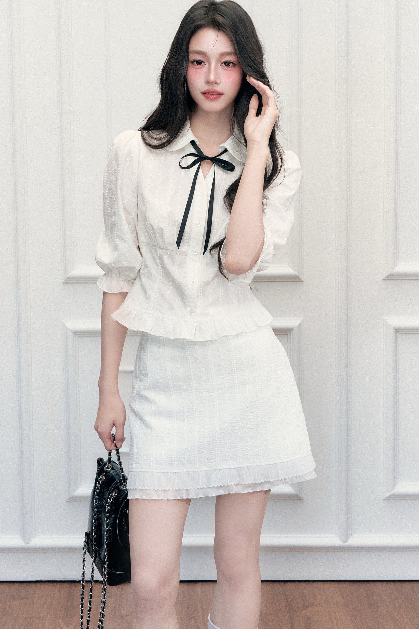 Doll Collar Preppy Blouse and Skirt Set-Up