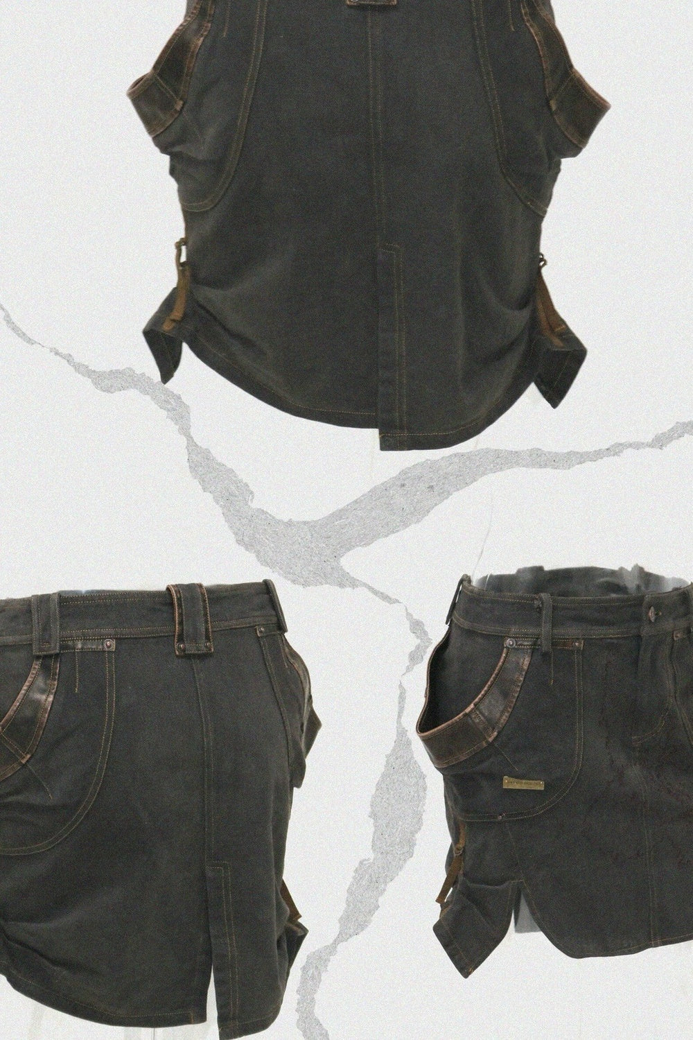 Set aus Jacke mit Used-Optik und Pelzkragen und kurzem Rock