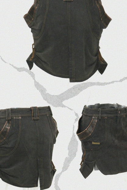 Set aus Jacke mit Used-Optik und Pelzkragen und kurzem Rock