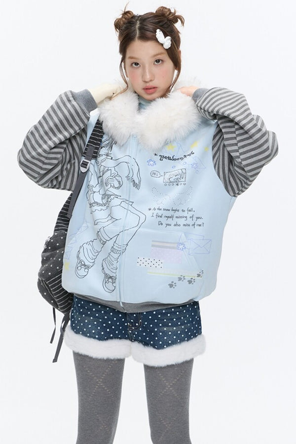 Striped Raglan Fur Collar Jacket