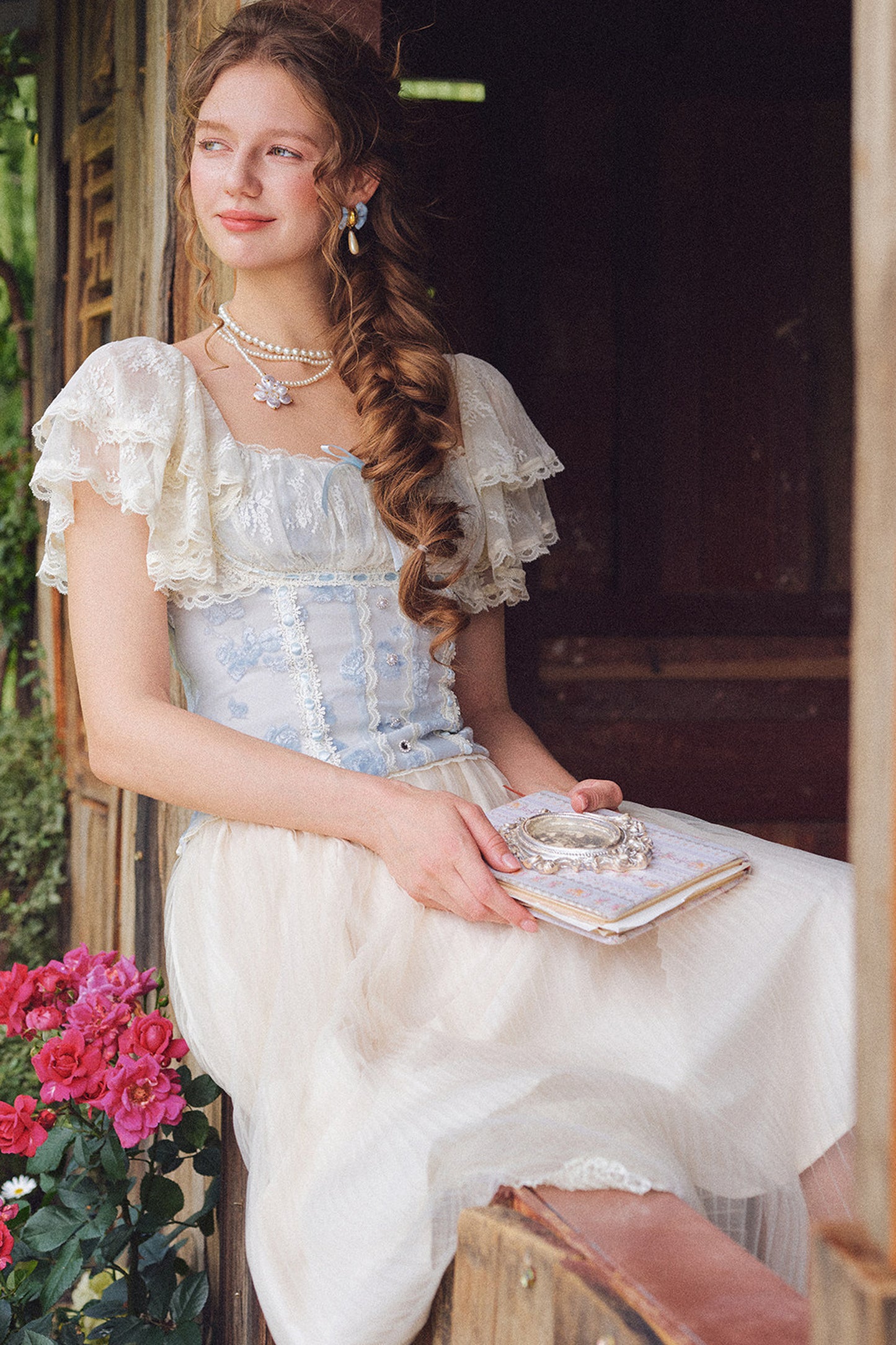 French Retro Lace Trim Top and Skirt Set-Up