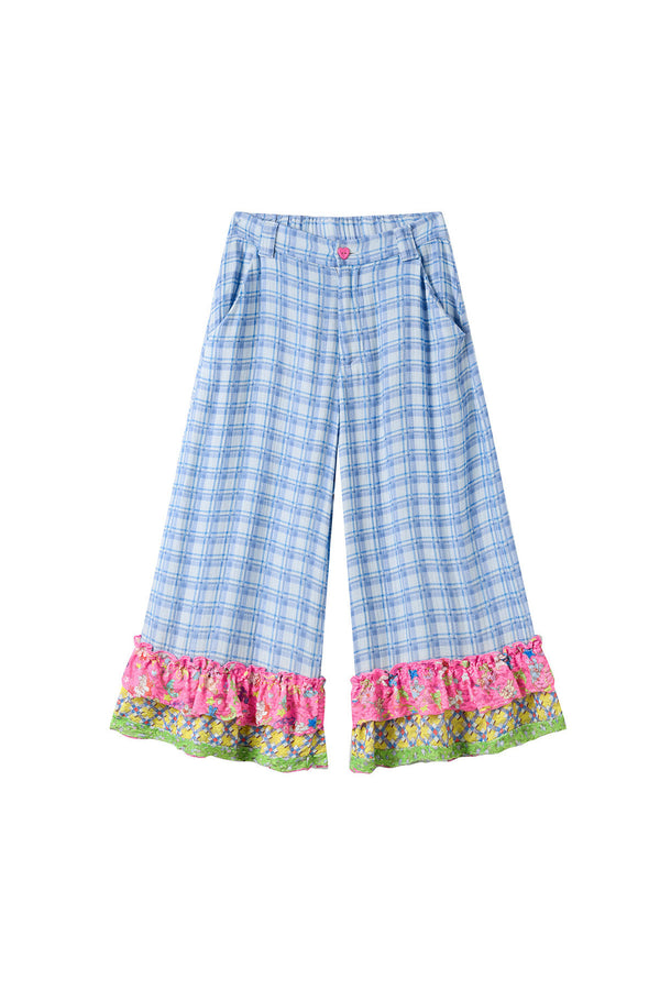 Blue Plaid Patchwork Lace Cropped Pants
