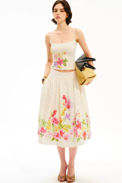 Retro Tencel Printed Camisole Skirt Set-Up