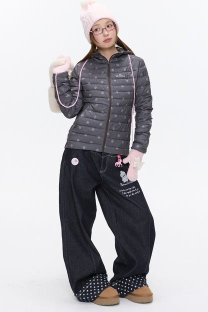 Hooded Ribbed Polka Dot Down Jacket
