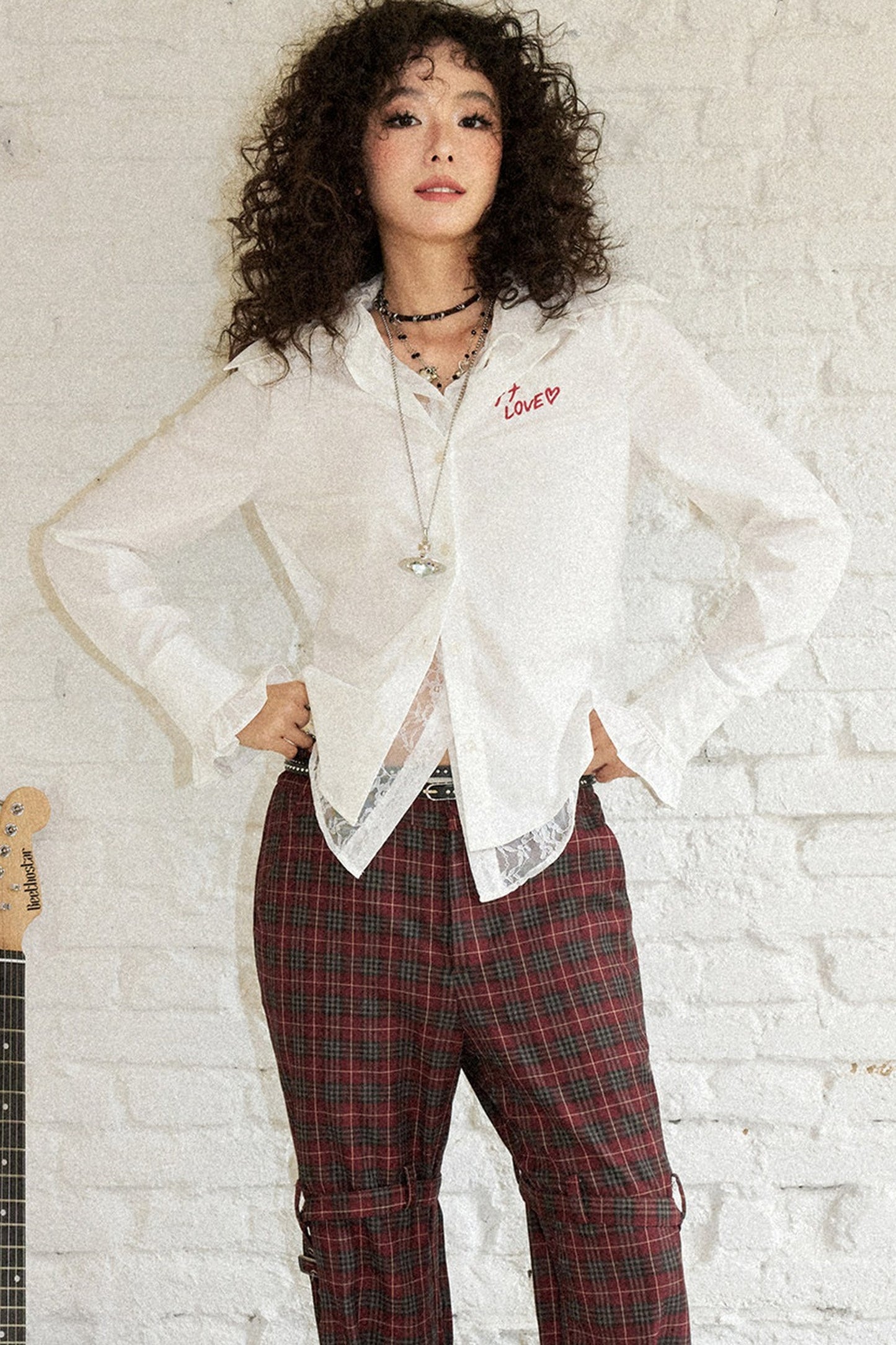 Pointed Collar Lace Print Layered-Look Blouse