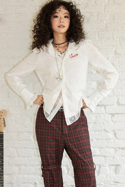 Pointed Collar Lace Print Layered-Look Blouse