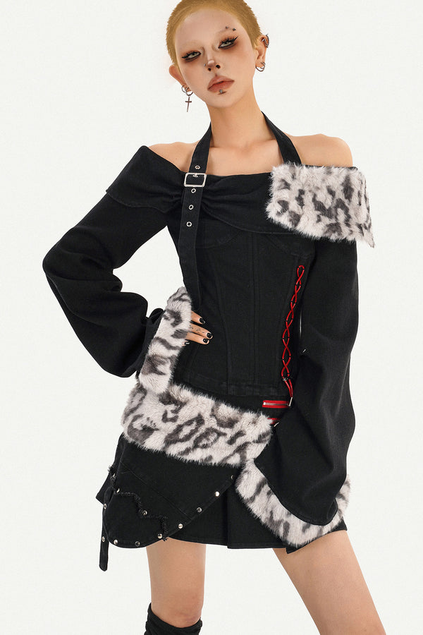 Leopard Print Fur Halter Off-Shoulder Top and Skirt Set-Up