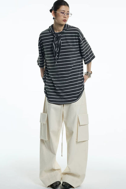 Oversize Gray White Striped Mid-Sleeve Tee