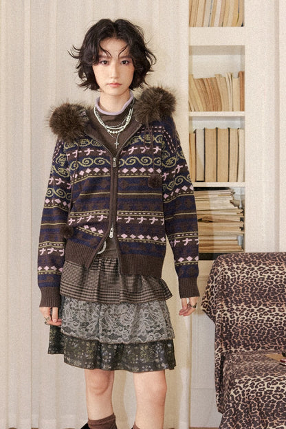 Detachable Fur Collar Fair Isle Hooded Cardigan