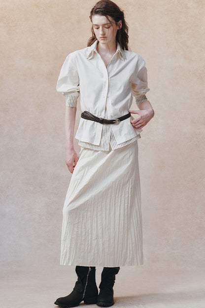 Completo camicia con colletto alla coreana plissettata 3D e gonna