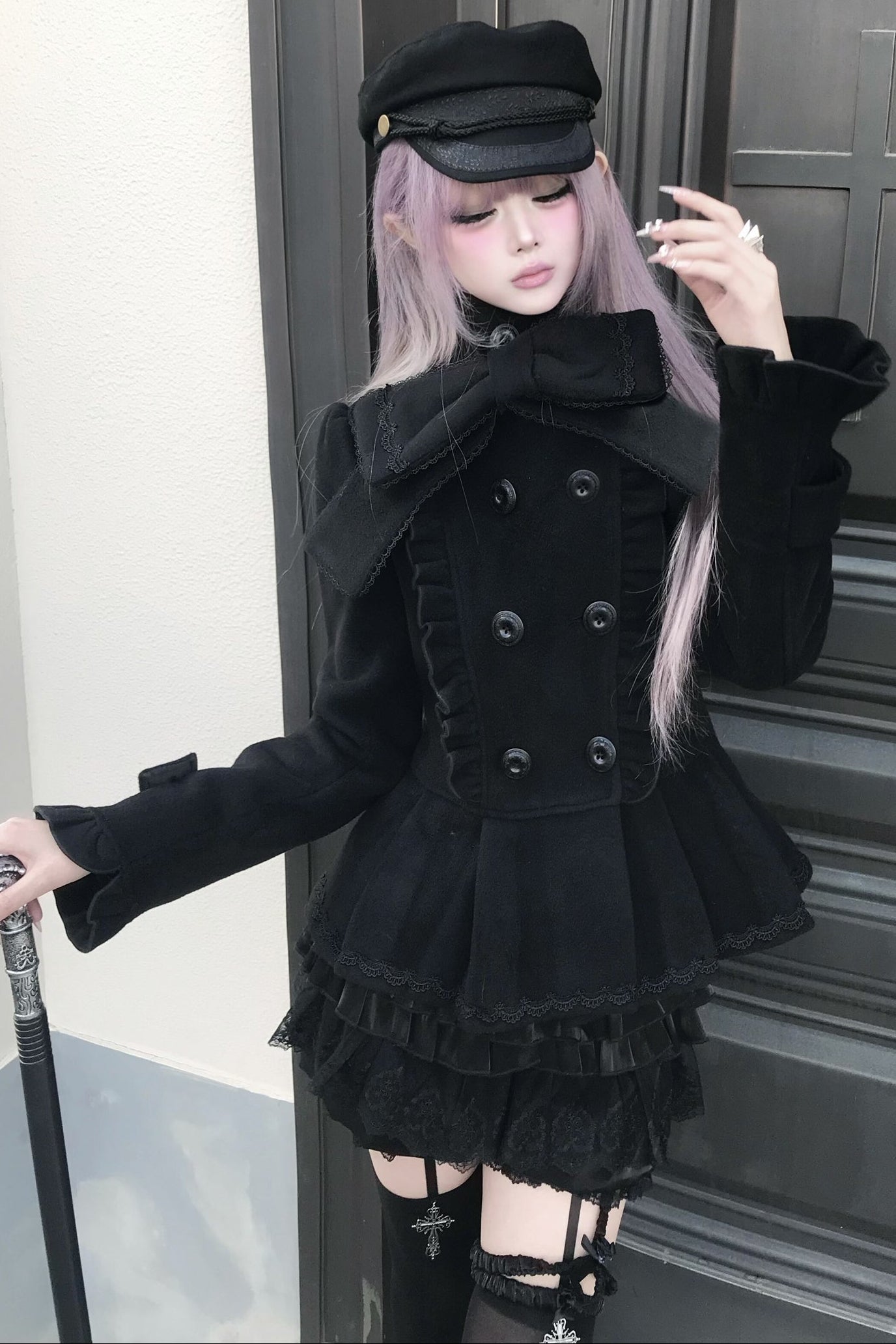 Detachable Bow Woolen Coat and Dress Set