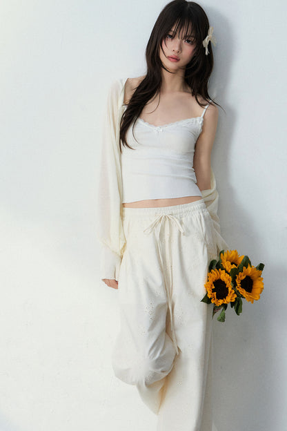 Batwing Cardigan & Camisole With Hollow Out Floral Pants Set-Up