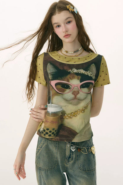 Retro Distressed Cat Print Top