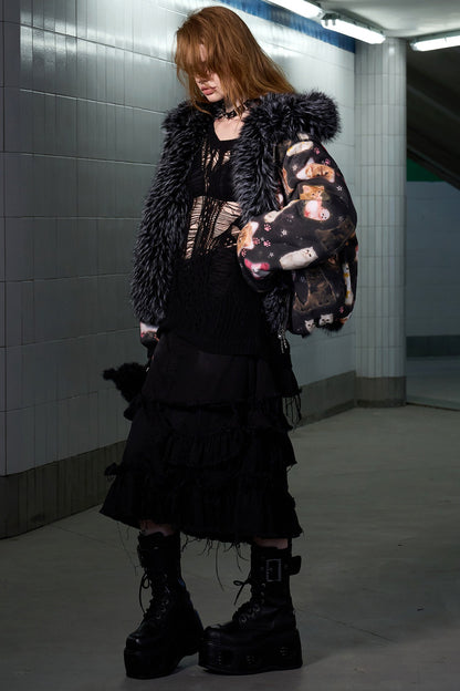 Cat Print Reversible Fur Coat
