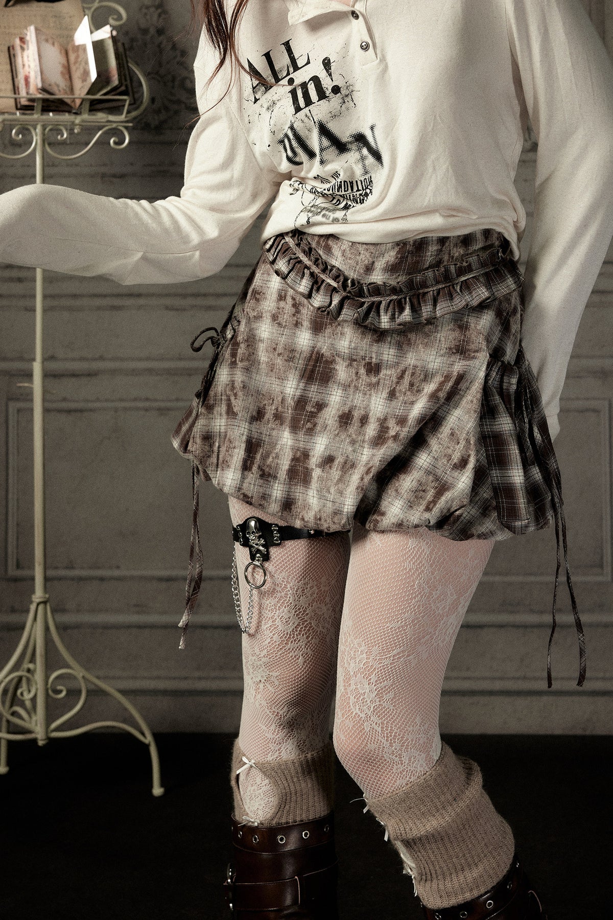 High-Waisted Coffee Plaid Ruffle Tie Skirt
