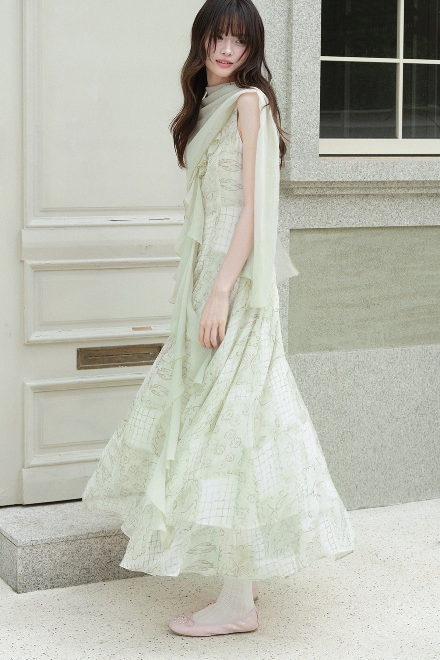 Ruffled Chiffon Grid Long Dress
