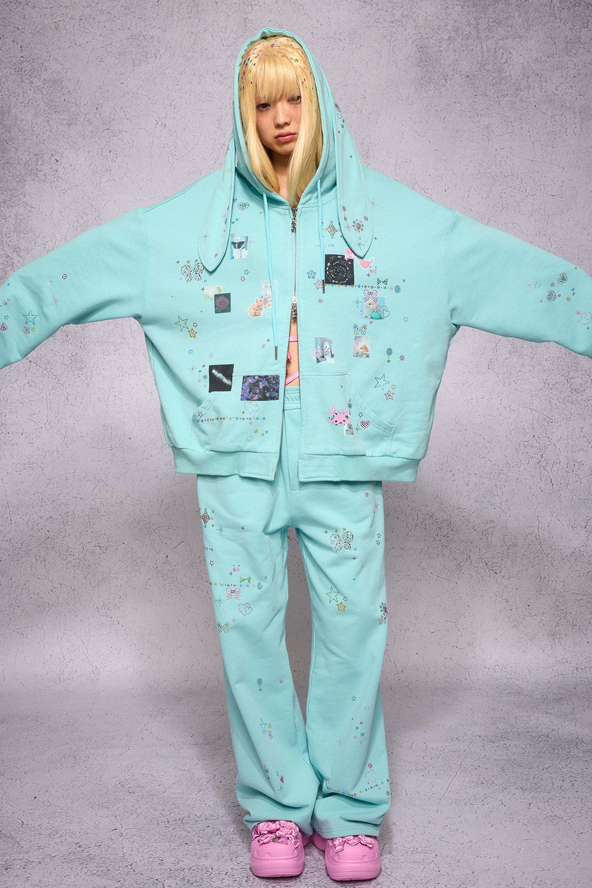 Bunny Ear Rhinestone Sticker Sweat Jacket
