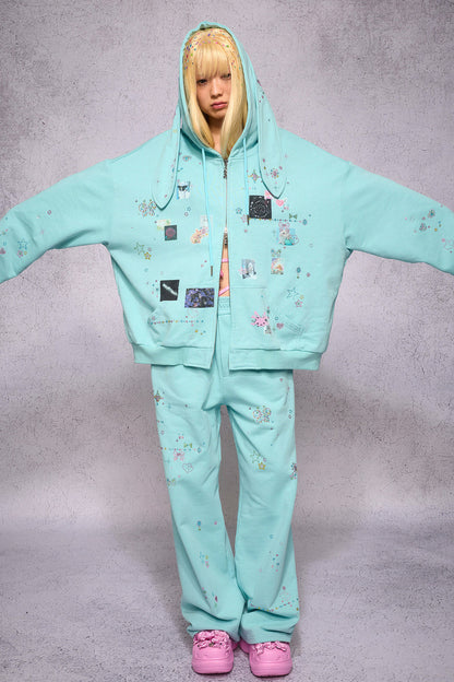 Bunny Ear Rhinestone Sticker Sweat Jacket
