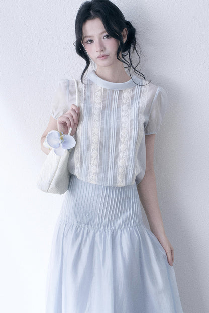 Lace Spliced Tencel Top and Skirt Set