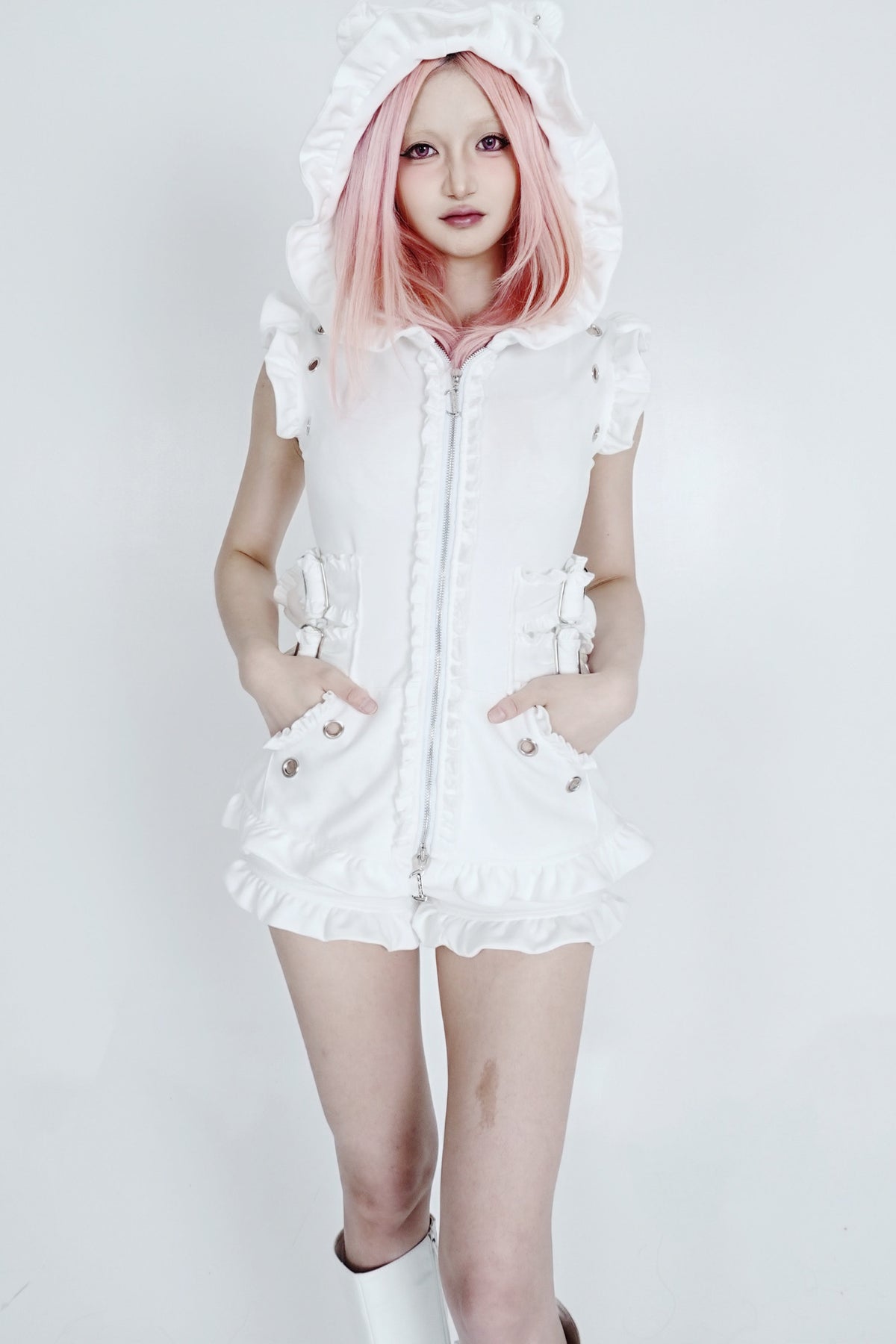 Hooded Cat Ear Vest Shorts Set-Up