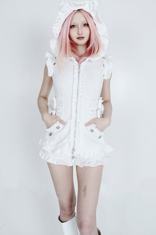 Hooded Cat Ear Vest Shorts Set-Up