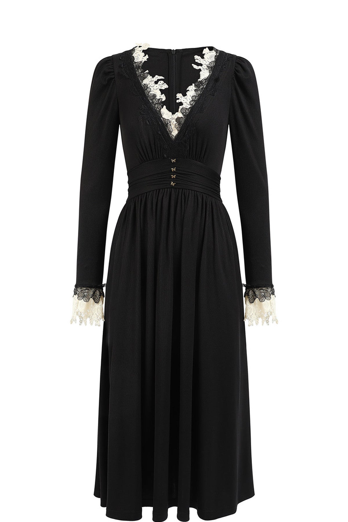 Black Mandala Lace V-Neck Long Sleeve Dress