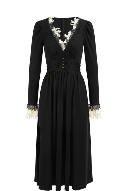 Black Mandala Lace V-Neck Long Sleeve Dress