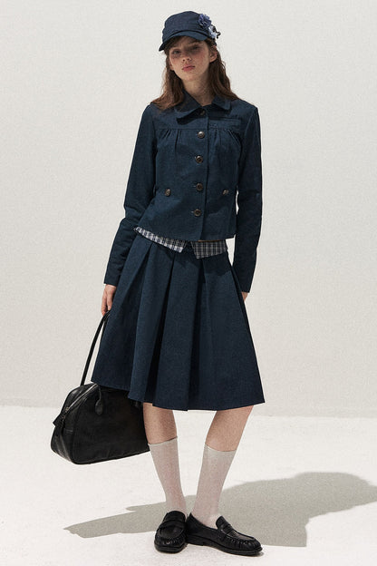 Navy Denim Jacket and Pleated Skirt Set-Up