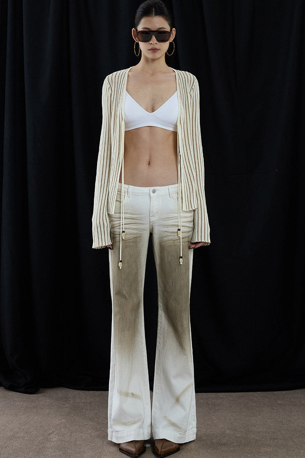 Apricot Striped V-Neck Tie Cardigan