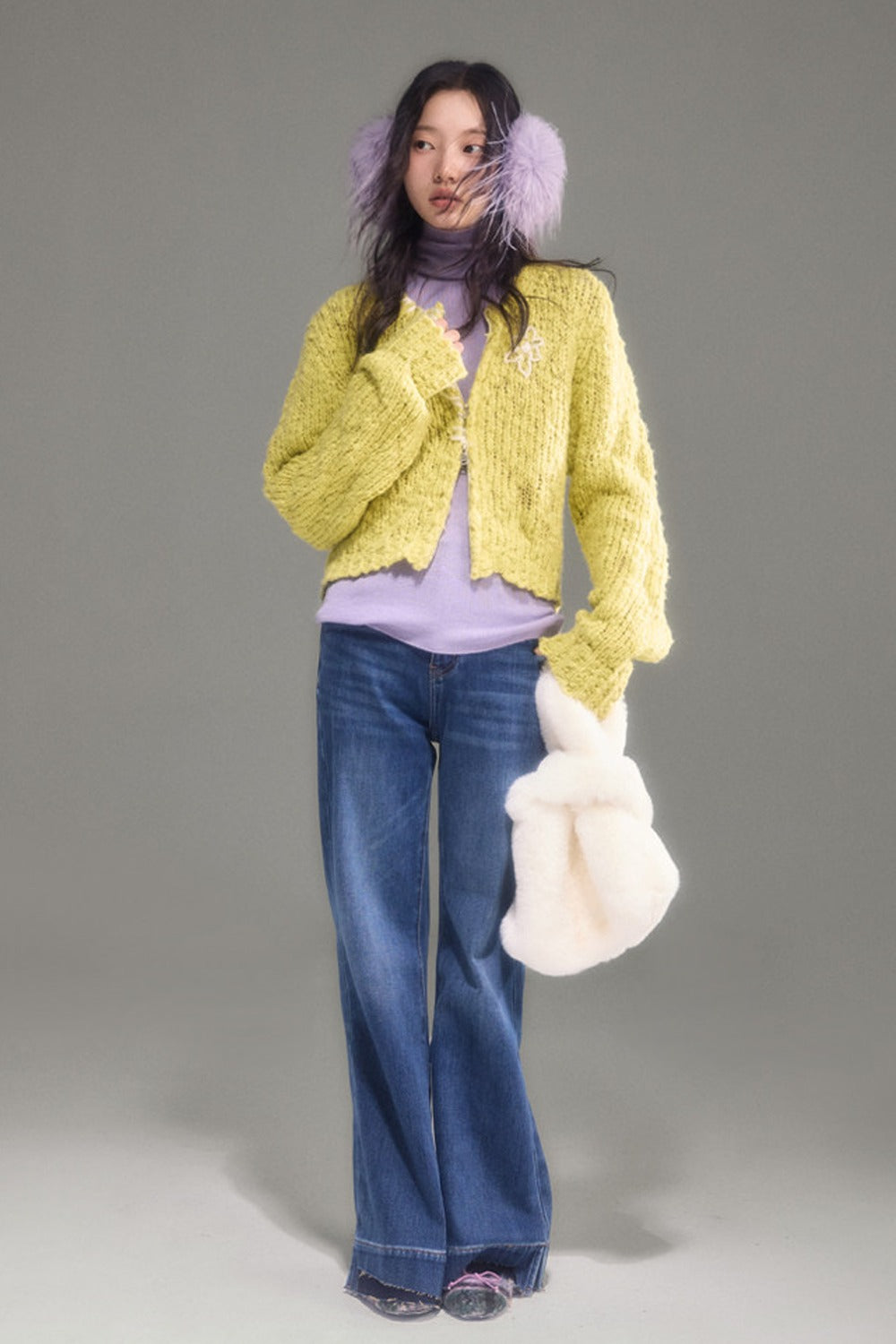 High-Waisted Fleece-Lined Flared Raw Hem Slit Jeans