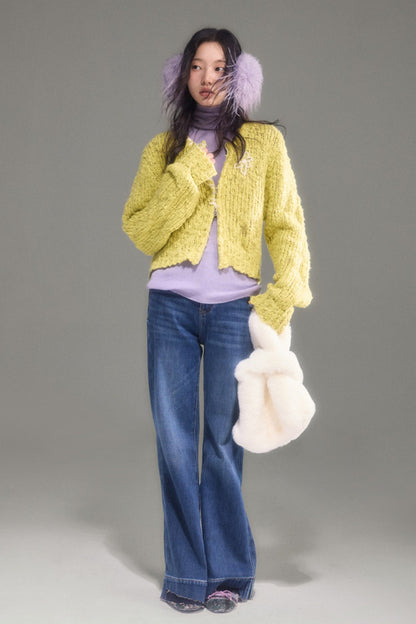 High-Waisted Fleece-Lined Flared Raw Hem Slit Jeans