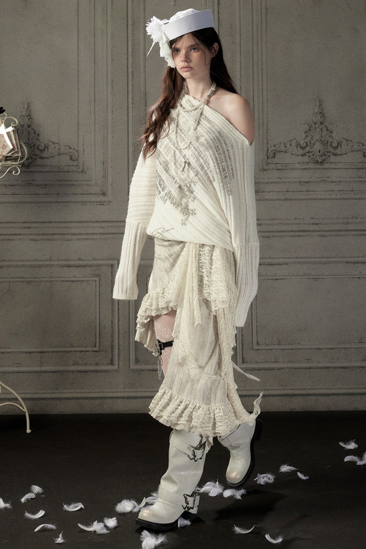 Beige Asymmetrical Lace Spliced Skirt