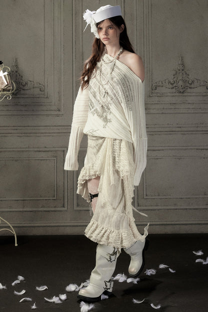 Beige Asymmetrical Lace Spliced Skirt