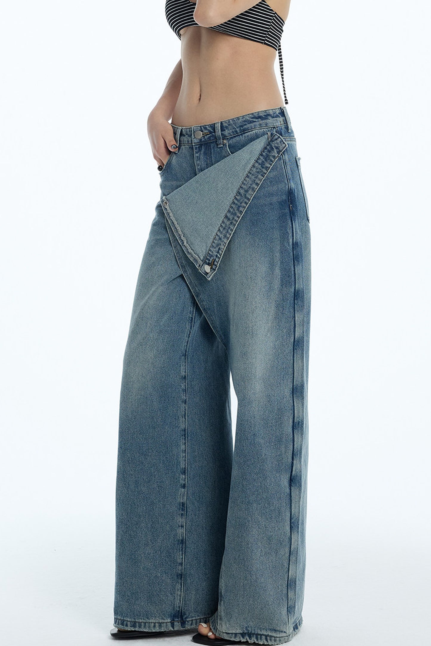 Asymmetrical Deconstructed Denim Wide-Leg Pants